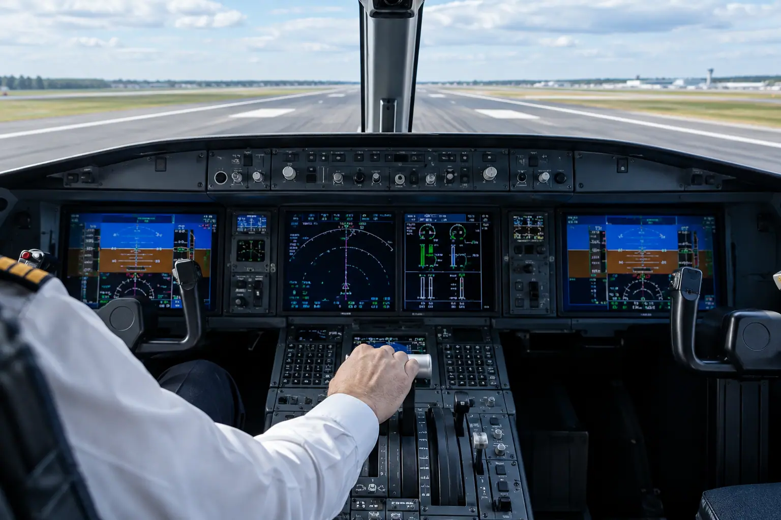 Business jet cockpit before departure