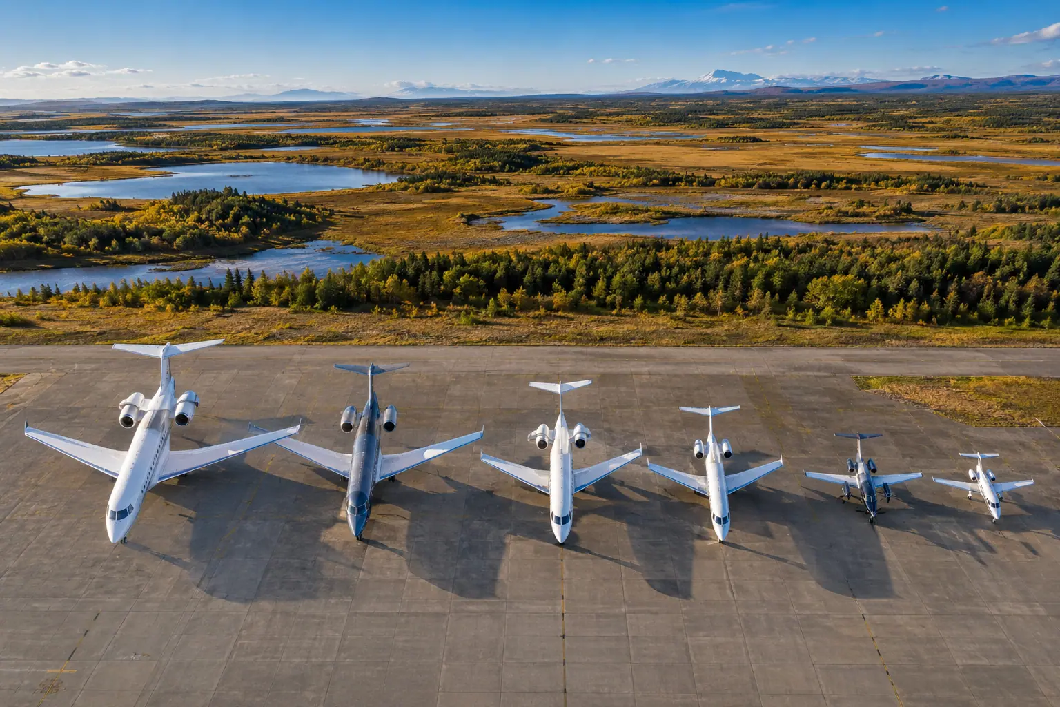 Business jets of different sizes on a ramp